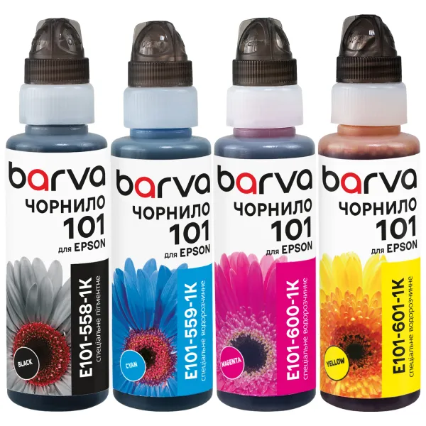 Комплект чернил совместимых для Epson 101 специальные 4х100 мл, флакон OneKey (1K), пигментные/водорастворимые, BK/C/M/Y Barva (E101-1K-MP)
