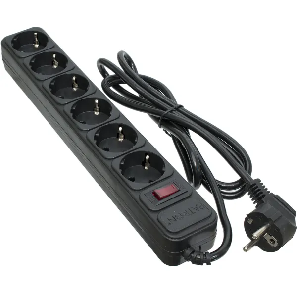 Фильтр сетевой 6 розеток, 1,8 м, черный, 3*1мм2 Patron (SP-1062)