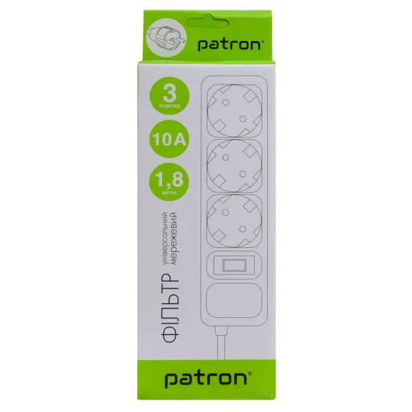 Фильтр сетевой 3 розетки, 1,8 м, 10 А, 250 В, 3*1мм2, черный Patron (SP-1032) - Фото 2