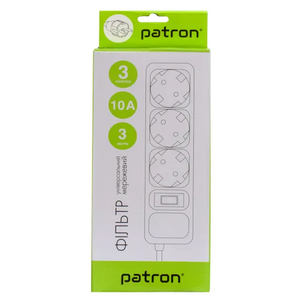 Фильтр сетевой 3 розетки, 3 м, 10 А, 250 В, 3*1мм2, серый Patron (SP-1033-GR) - Фото 3