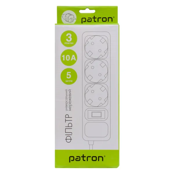 Фильтр сетевой 3 розетки, 5 м, 10 А, 250 В, 3*1мм2, серый Patron (SP-1035-GR) - Фото 3