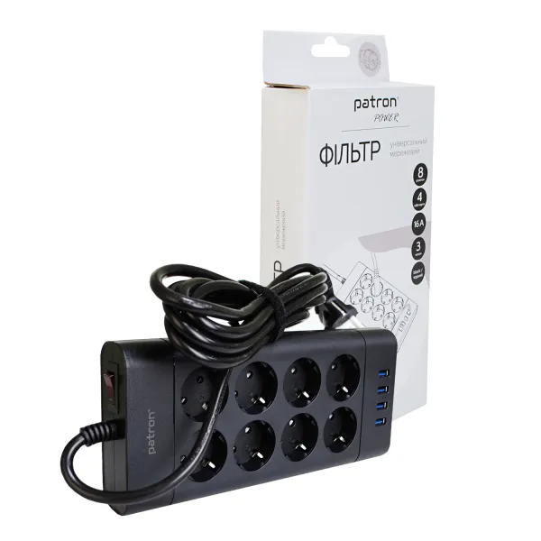 Фильтр сетевой 8 розеток + 4 х USB, 3 м, 16 А, 250 В, черный Patron Power (SP-1683-USB)