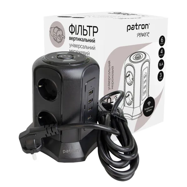 Фильтр сетевой 6 розеток + 4 х USB и беспроводная зарядка, башня, 3 м, 16 А, 250 В, черный Patron Power (SP-1663-USBTW)