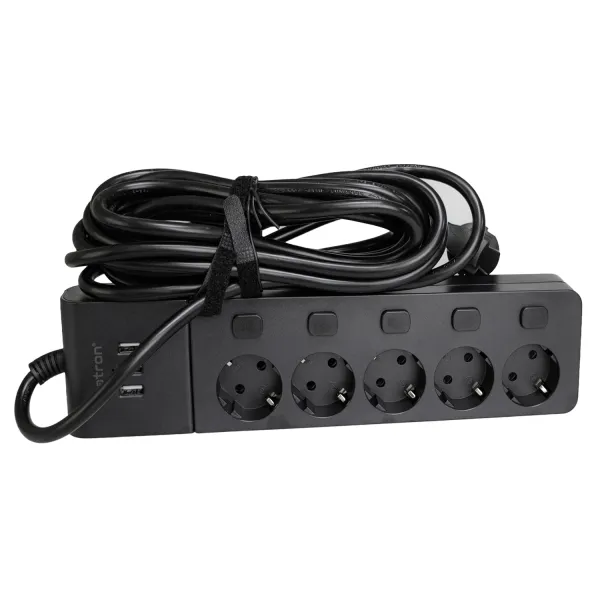 Фильтр сетевой 5 розеток + 3 х USB, 5 м, 16 А, 250 В, черный Patron Power (SP1655-USB) - Фото 2