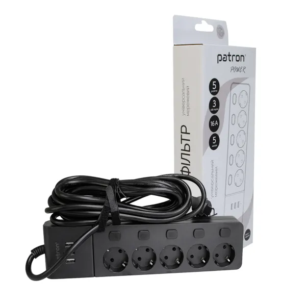 Фильтр сетевой 5 розеток + 3 х USB, 5 м, 16 А, 250 В, черный Patron Power (SP1655-USB)