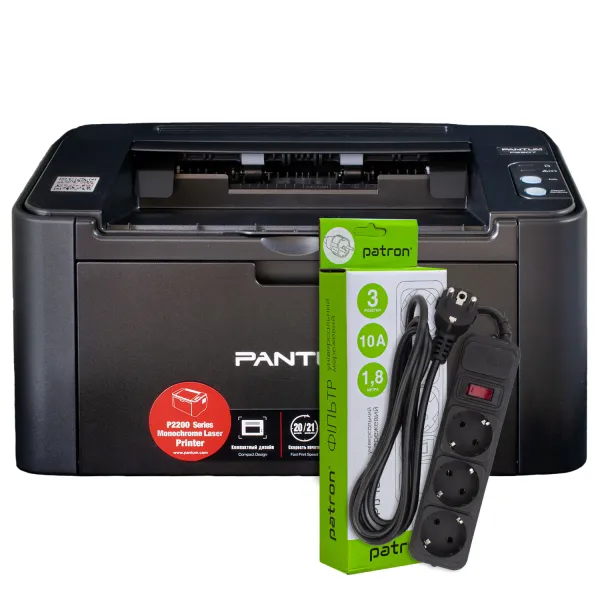 Принтер лазерный P2207 A4 Pantum (P2207) + Фильтр сетевой 3 розетки Patron (SP-1033)